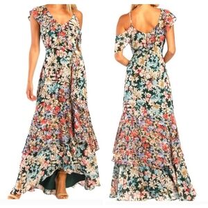 Lulu's Radiant Hunter Green Floral Chiffon Maxi Dress Large Ruffle Tiered Boho